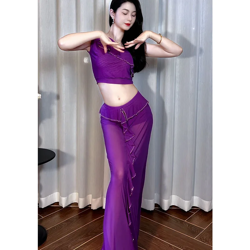 Maßgeschneidertes Bauchtanz-Kostüm-Set für Damen, heißer Diamant, schräge Schulter, Lotusblatt, Rand, Gruppenuniform, Übungsanzug, Kleidung