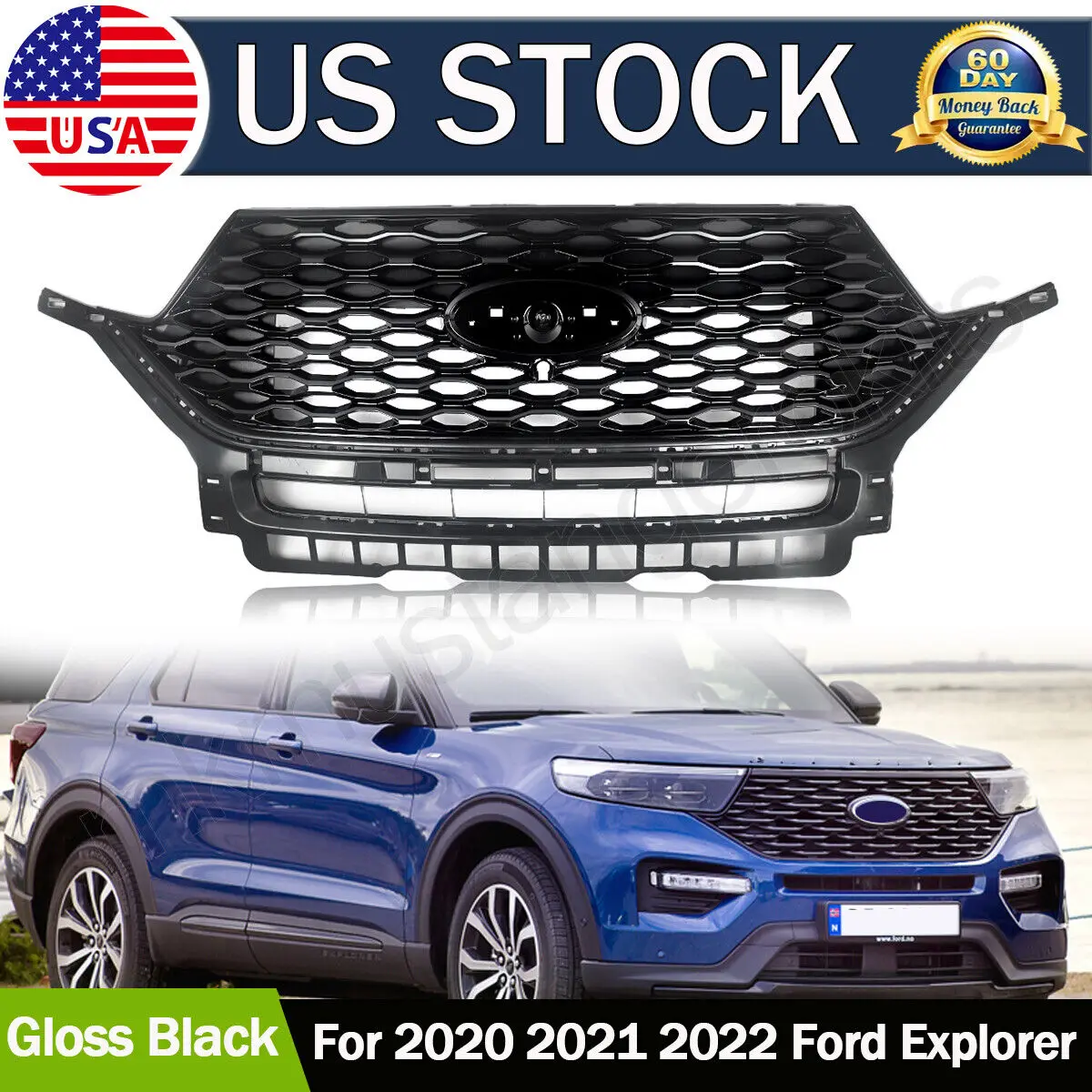 

SAIQINGSP For 20-2023 Ford Explorer ST Front Radiator Upper Grille Panel Grill Gloss Black Car Accessories Tools