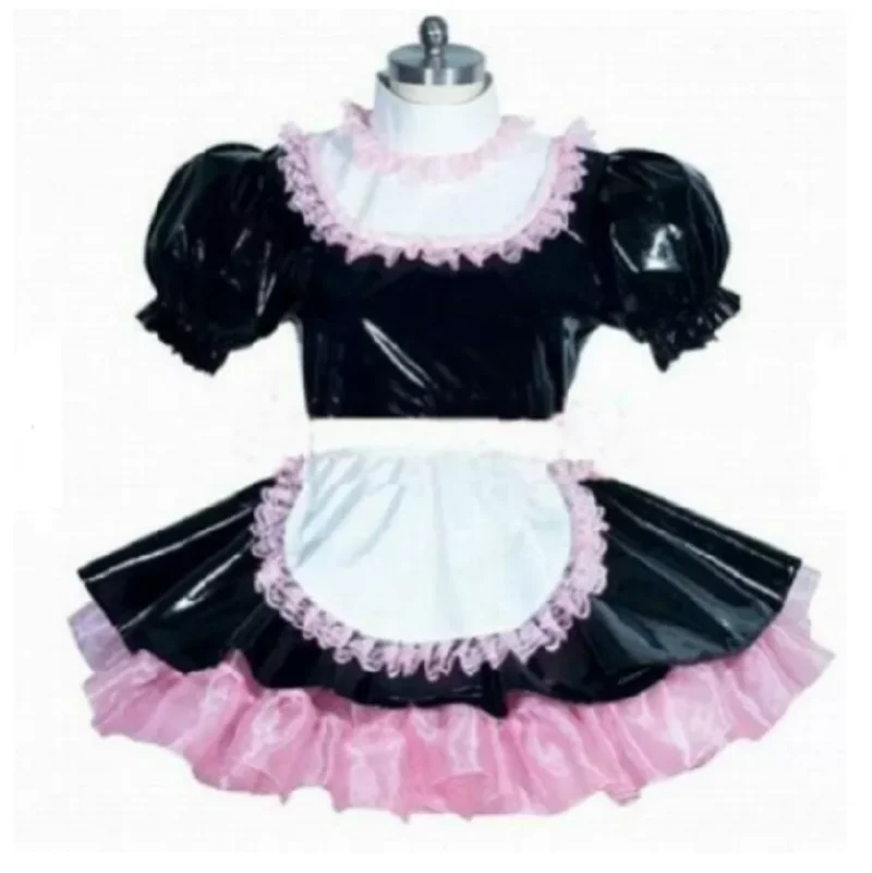 Hot New PVC Ruffle Sissy Women Fries Pink Bows Short Dress Crossing Custom