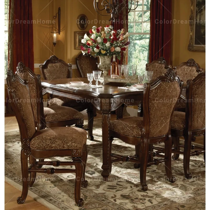 custom.American Dining Room Furniture Wooden Structure Hand Carved Antique Solid Wood Square Dining Table Set 8 Seats
