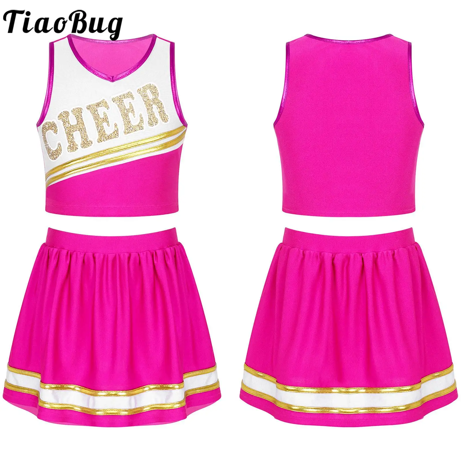 

Kids Girls Cheerleading Dance Clothes Set Sleeveless Letter Print Crop Top with Elastic Waistband Skirt Cheer Uniform Outfits