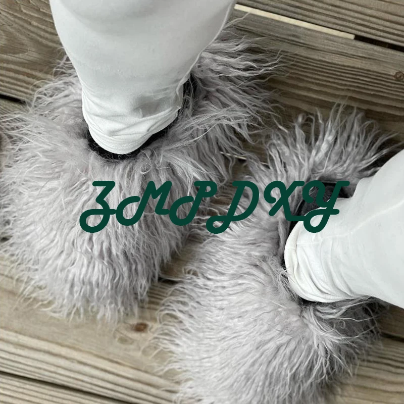 New Fluffy Long Hair Slippers Pink Sheep Fur Slippers Winter Women Plush Flat Shoes Outdoor Indoor Slippers Mongolian Fur Slides