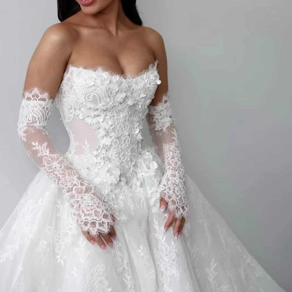 Maßgeschneiderte sexy schulterfreie Brautkleider mit geteilten Ärmeln, 3D-Blumenspitze, Promi-Kleid, exquisites, hochwertiges Ballkleid