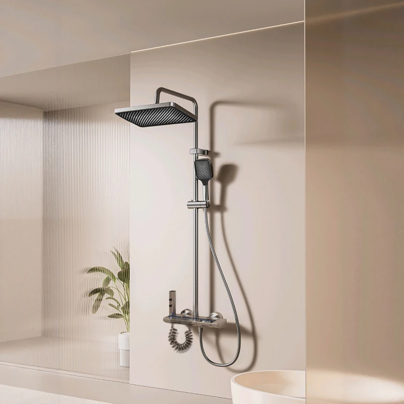 Gunmetal gray piano with LED temperature-controlled shower set for home bathroom with rain shower and temperature display for pr