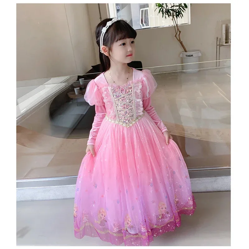 Girl Rapunzel Costume Tangled Long Sleeve Princess Dress Children Luxury Print Ball Gown Lace Sequin Gradient Fluffy Frocks MN3