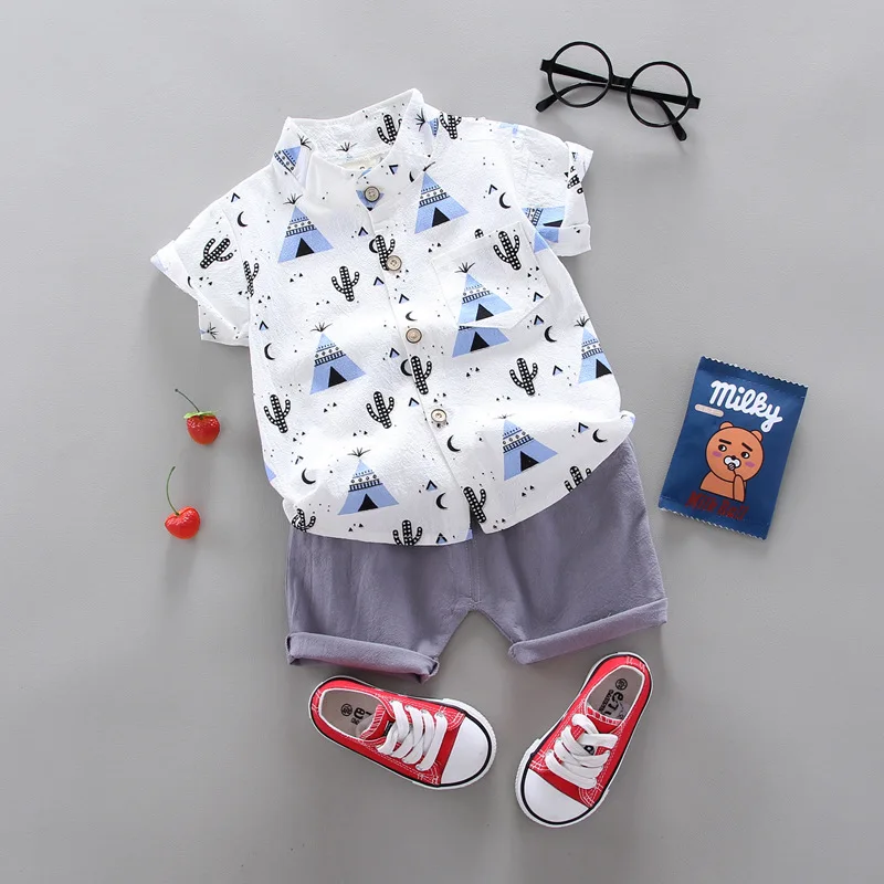 Children's Summer 100% Cotton Random Full Print Triangle Pattern Short Sleeved Stand up Collar Shirt and Shorts Set