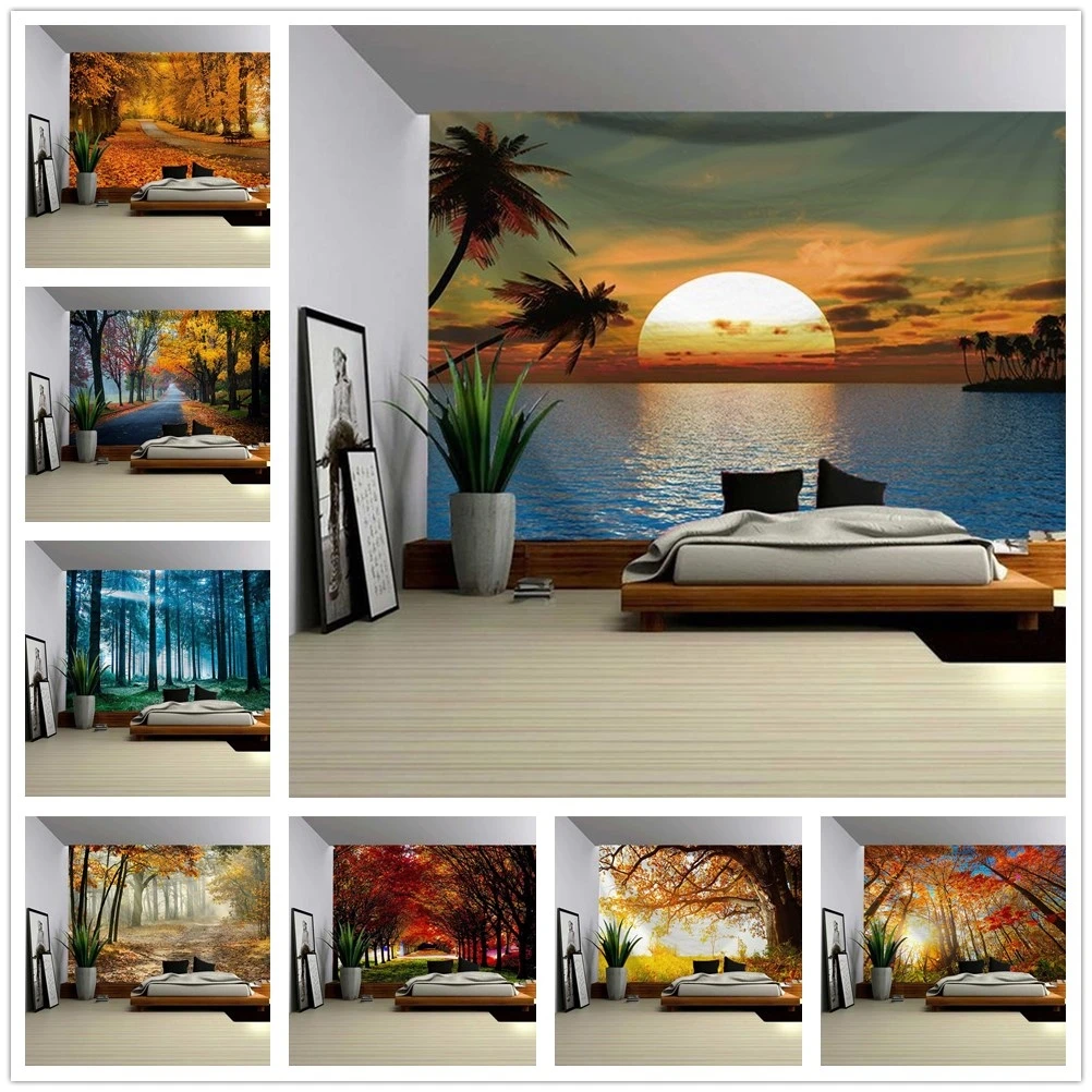 

Sunshine evergreen plant leaves outdoor landscape home decoration room forest tree tapestry wall hanging nature scene