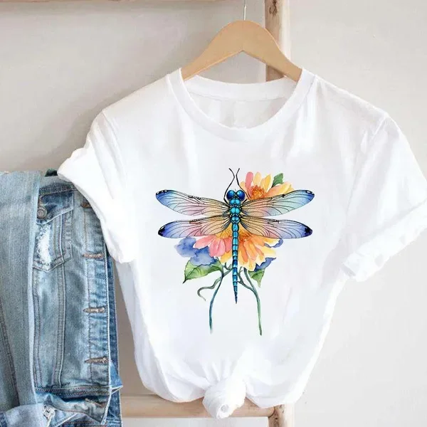 

Funny Dragonfly Print T-Shrits For Women Summer Short Sleeve Round Neck Cute Loose T-Shirt Creative Personalized Tops