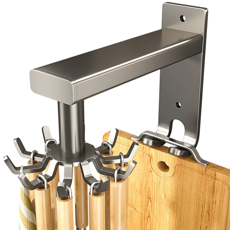 

AT63-Wall-Mounted Kitchen Rotary Hook Rack,Aluminum Storage Hanger With 8 Hooks,No-Hole Punching Installation,Space-Saving