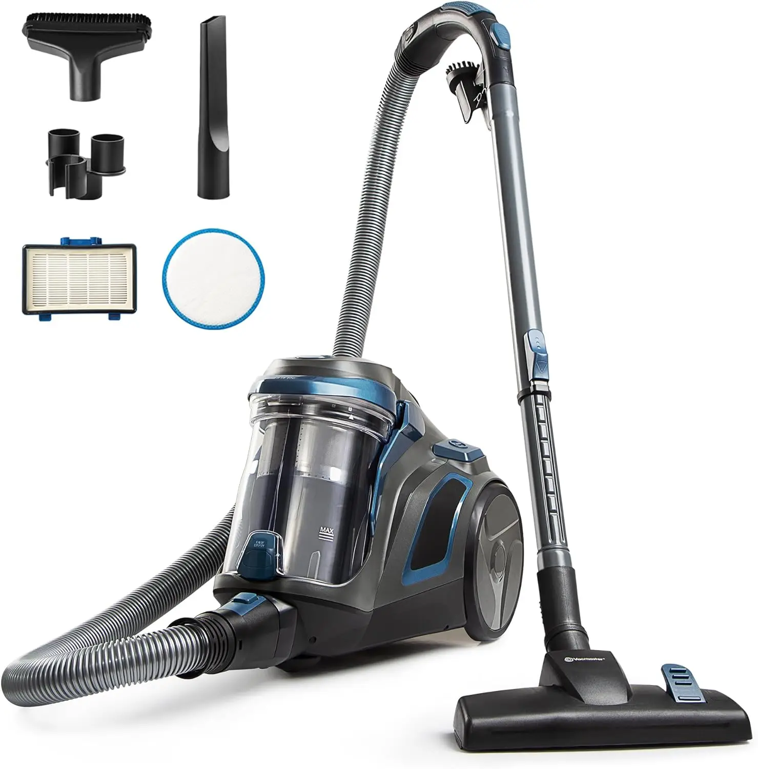 Bagless Canister Vacuum with Powerful Suction, Retractable Cord, and Quick-Release Dust Cup for Hard Floors and Low-Pile Carpet