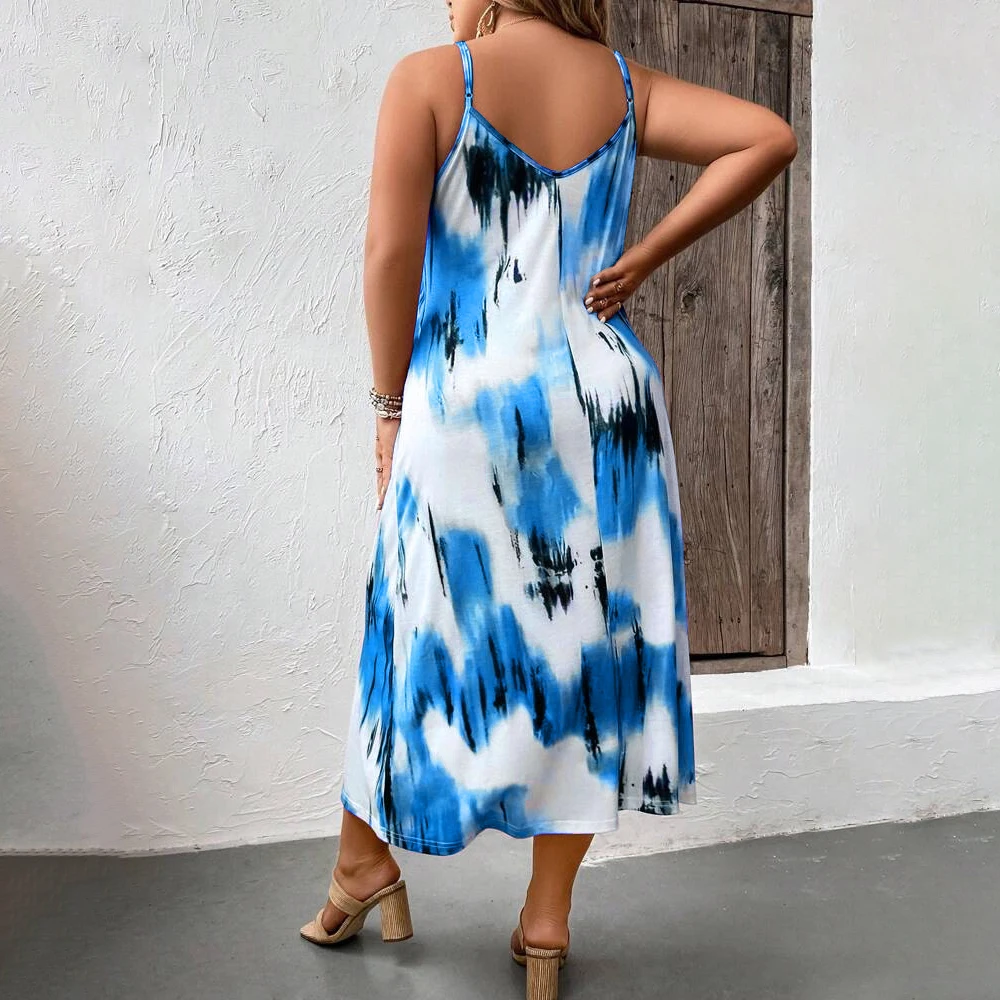 Plus Size XL-5XL elegancka, długa sukienka Sling damski Tie-Dye z nadrukiem sukienka na ramiączkach seksowna z dekoltem w serek bez pleców Sundress