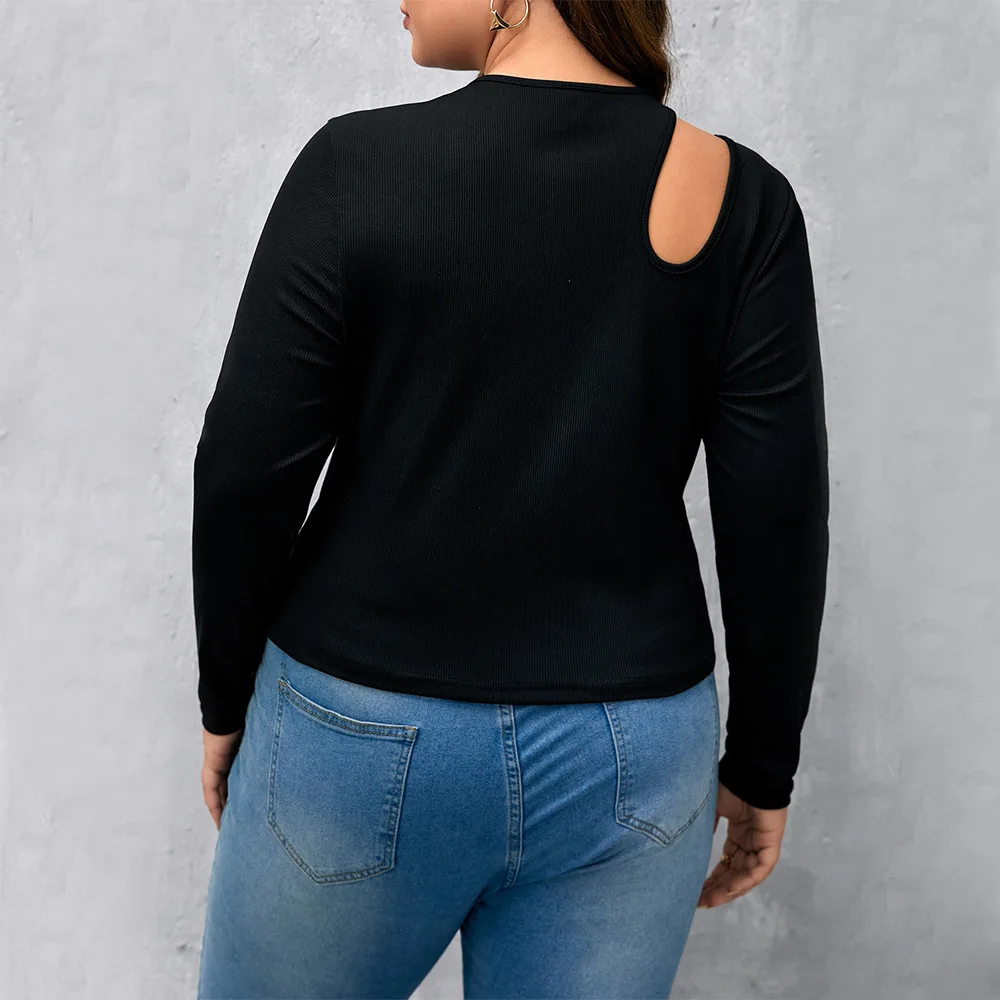 Plus Size Women's Black Threaded Knitted Sweater Crew Neck Long Sleeve Bottom Shirt Slim Fit Hollow Top oversized t shirt