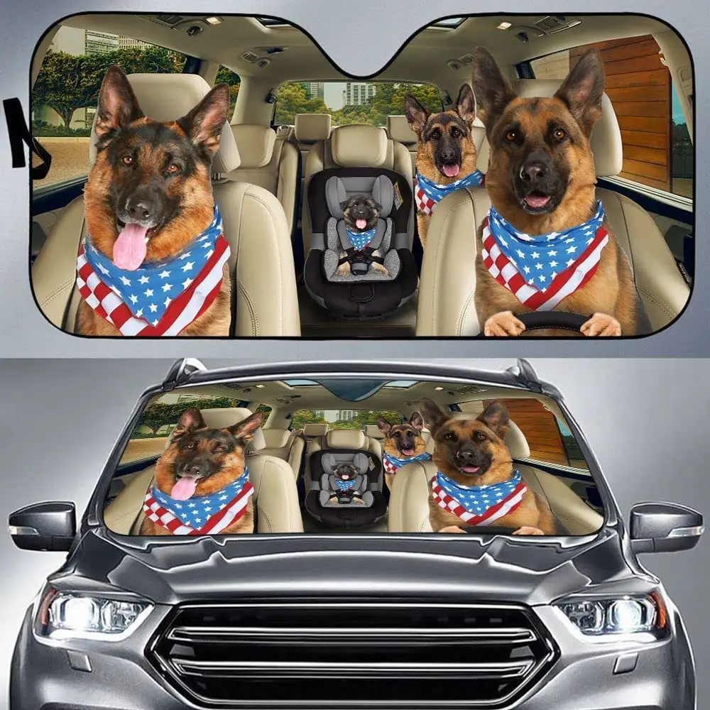 

German Shepherd Car Sun Shade, German Shepherd Wear America Flag Scarf Driving Car Auto Sunshade for Windshield, Dog Lovers Gift