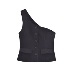 Dissymmetry Vests for Women 2023 Black Chic Single-breasted Sleeveless Vest Tops Ladies with Pockets Casual Vests