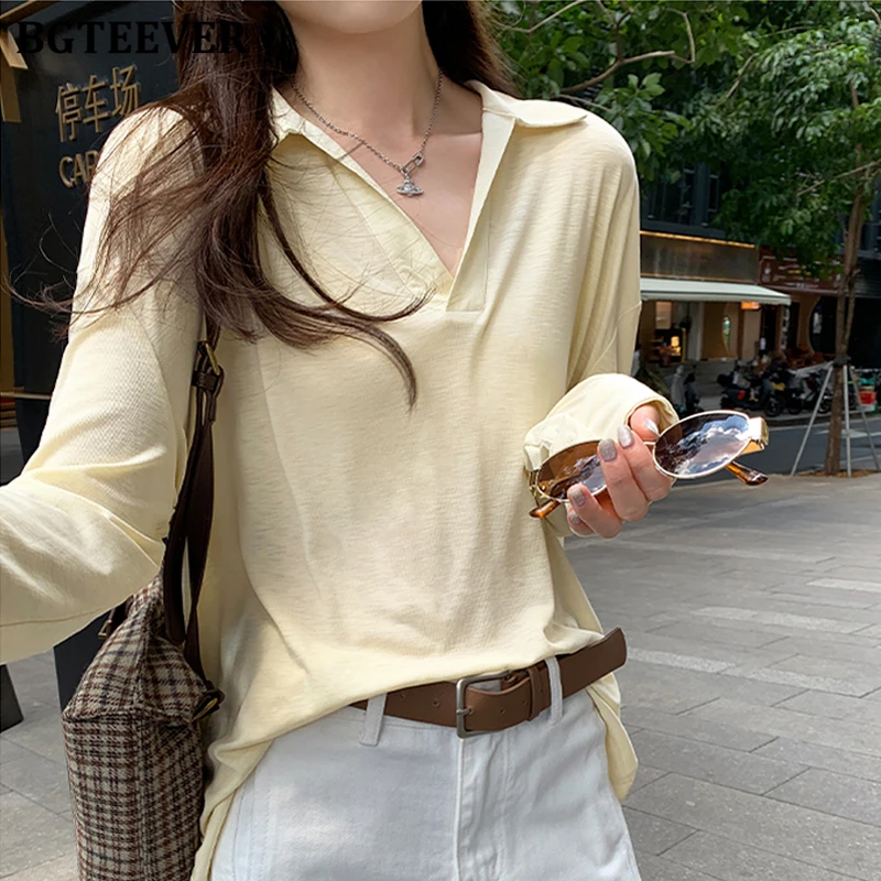 

BGTEEVER Casual Lapel Long Sleeve Pullovers Blouses Tops for Women Autumn Winter Stylish Loose Female Basic Shirts Blouses