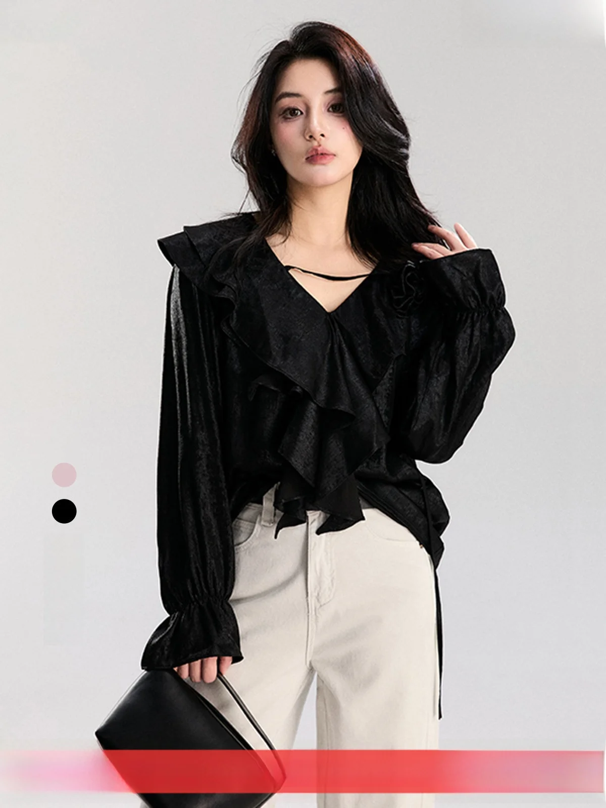 

Ele V-ne irt Women's Spring 2025 New Small Fraance Sle Design Sense Flared Sve Upper Body Loose Fit Long Sve