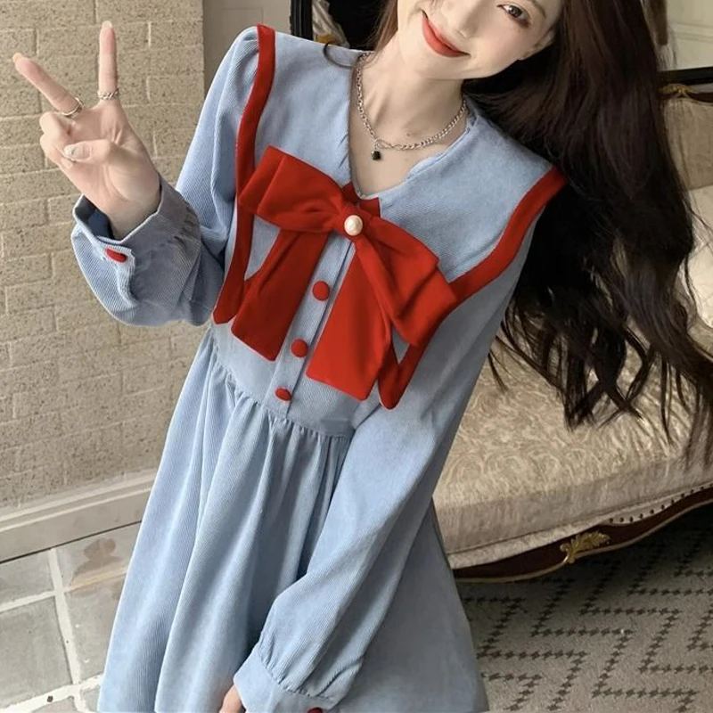 Korean Fashion Vintage Corduroy Sweet Chic Bow Dresses for Women Preppy Style High Waist Slim Fairy Midi Dress Elegante Vestidos