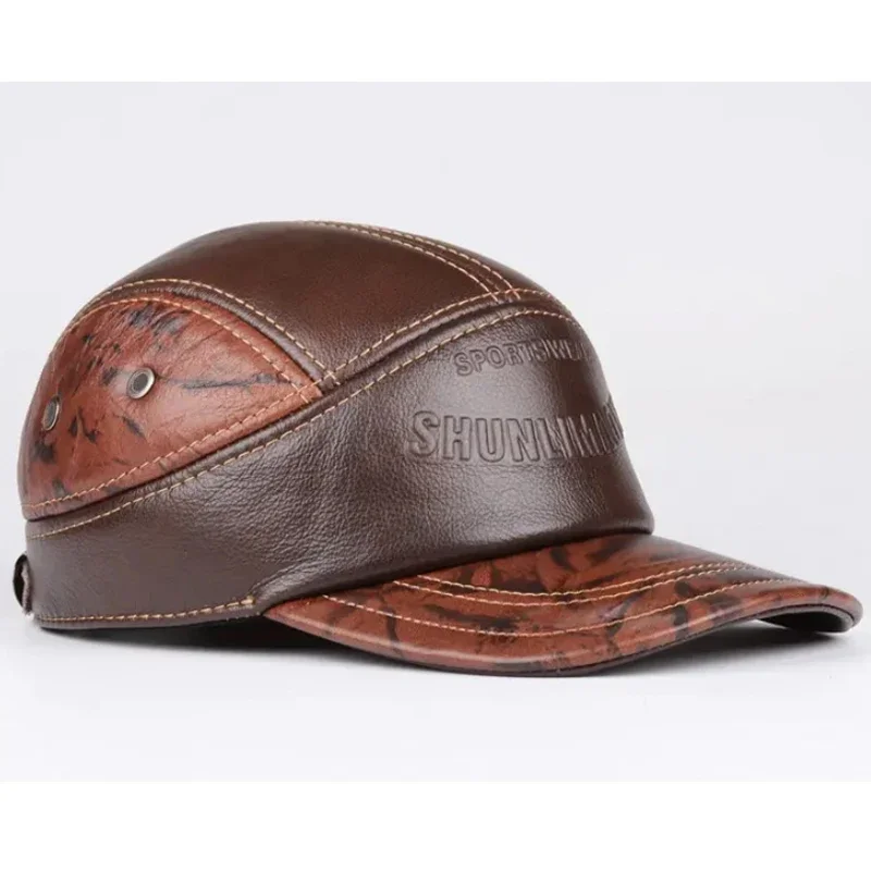 Men Genuine Leather Baseball Caps Male Casual Cowhide Belt Ear Warm 56-60 Adjustable Splice Flight Hats Patchwork Printing