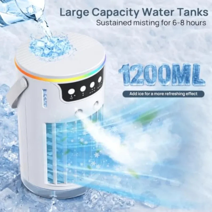Portable air conditioner for bedroom, home office desk, and car camping; plastic body; white; 1200mL tank, ice cooling mist, qu