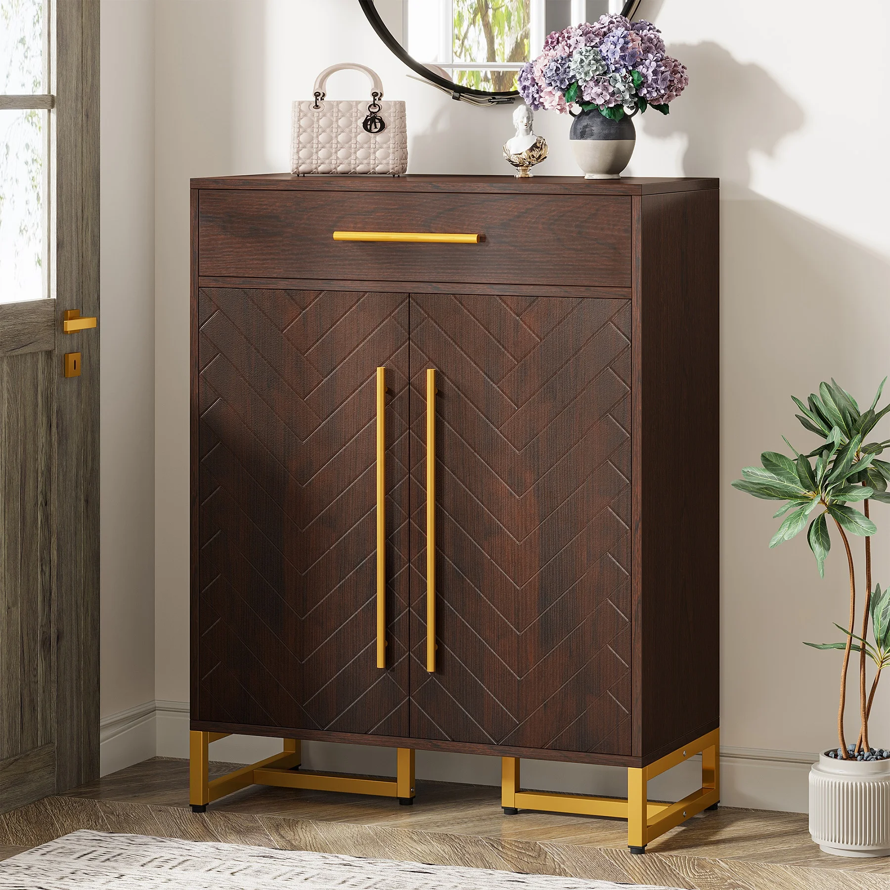 Patterned Wooden Shoe Cabinet With Gold Toned Legs, 4 - Tier Storage 1 Drawer For Entryway Organization