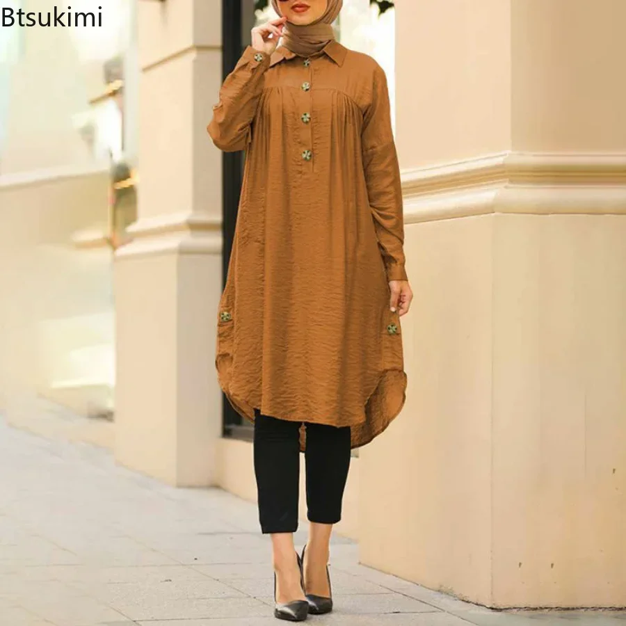 2025 Summer Muslim Solid Blouse for Women Simple Cotton Linen Long Shirt Saudi Arabia Islam Femme Tops Lady A-Line Shirt Dresses