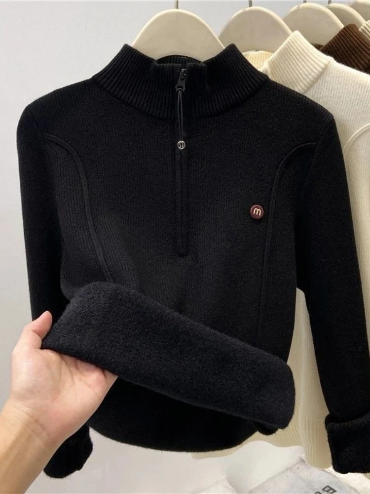 سترة محبوكة مخملية أنيقة من Chic f Zip Thiened للنساء لربيع وخريف وشتاء f بياقة عالية وقاعدة مستوى الكتف...