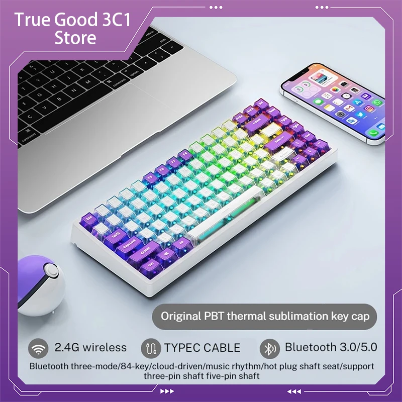 Custom Keyboard 84key Bluetooth Wireless Wired Tri-mode Mechanical Keyboard Crystal Transparent Pbt Hot Plug Computer Peripheral