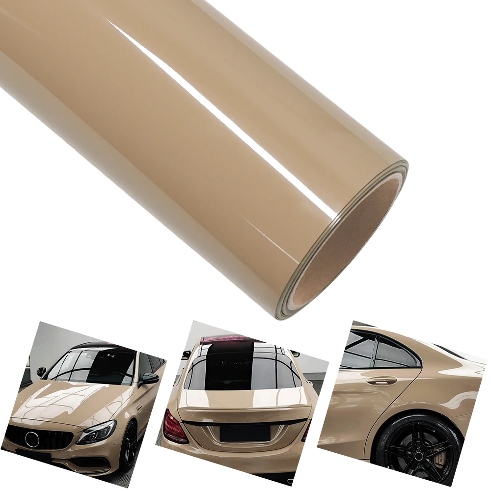 PET Ultra Gloss Sand Beige Car Vinyl Wrap Film Air Bubble Free Vehicle Decal Self Adhesive Motorcycle Auto Body Decoration Film