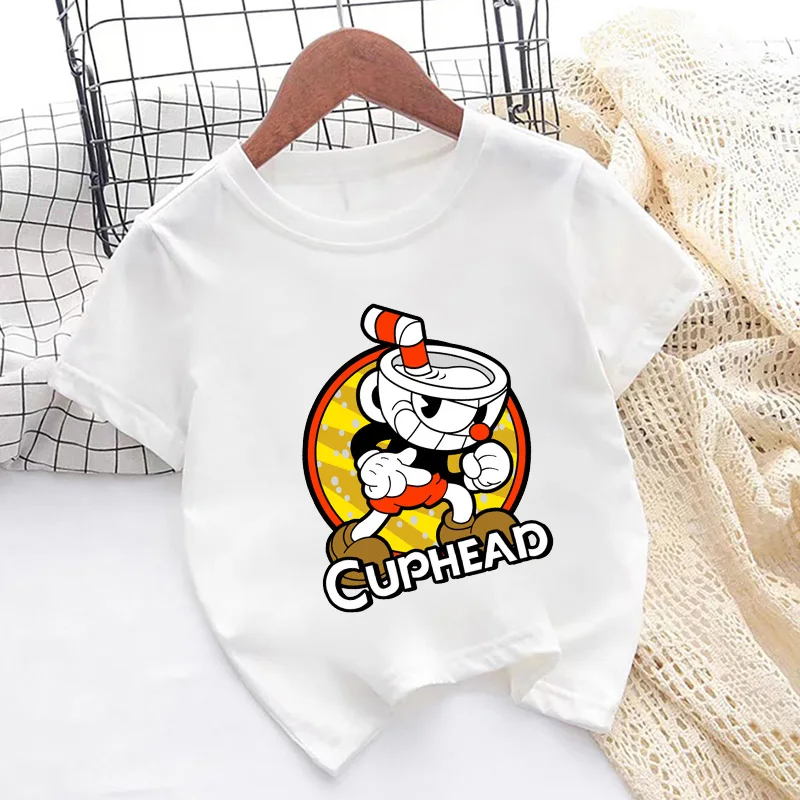 حار بيع لطيف Cuphead لعبة طباعة الكرتون الاطفال تي شيرت الفتيات جديد الصيف قمم طفل الفتيان ملابس الأطفال قصيرة الأكمام تي شيرت