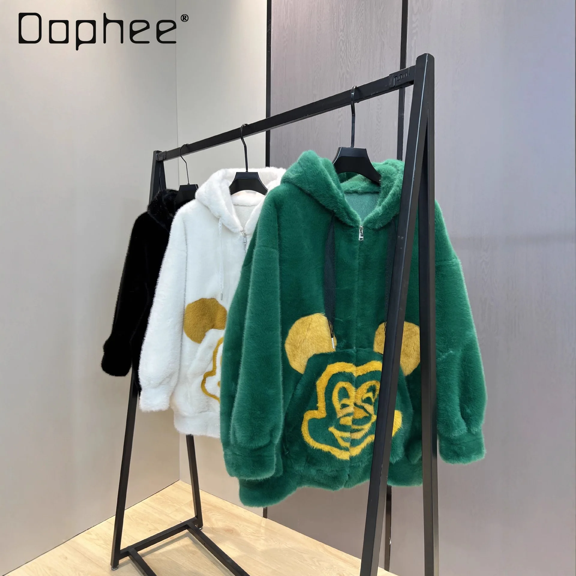 Autumn Winter 2025 New European Velvet Color Block Hooded Casual Cartoon Pattern Zipper Women's Faux Fur Coat Furry Sweatshirts