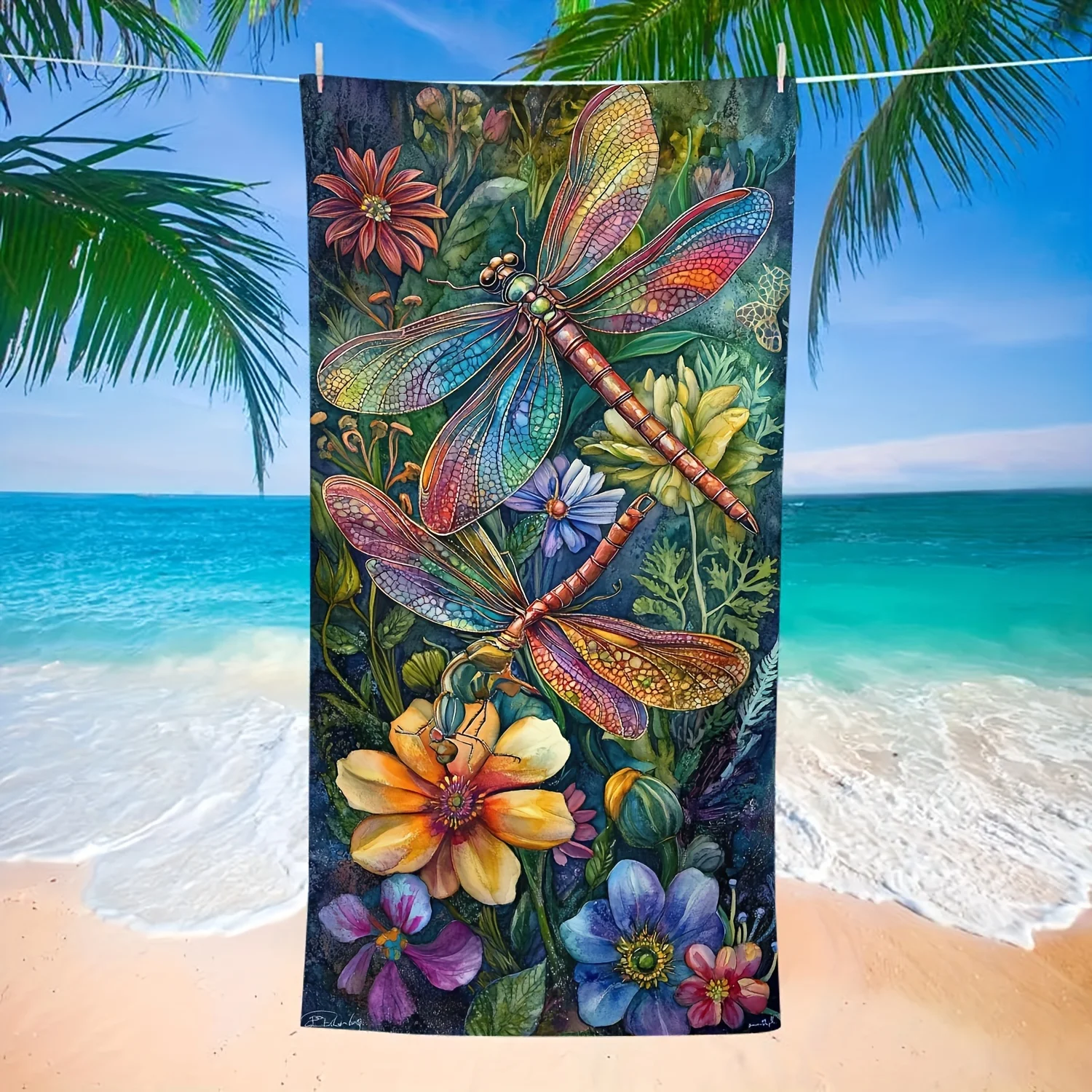 Colorful Dragonfly Beach Towel, Floral Garden Print, Quick Dry Microfiber, Oversized for Beach Pool, Gift for Nature Lovers