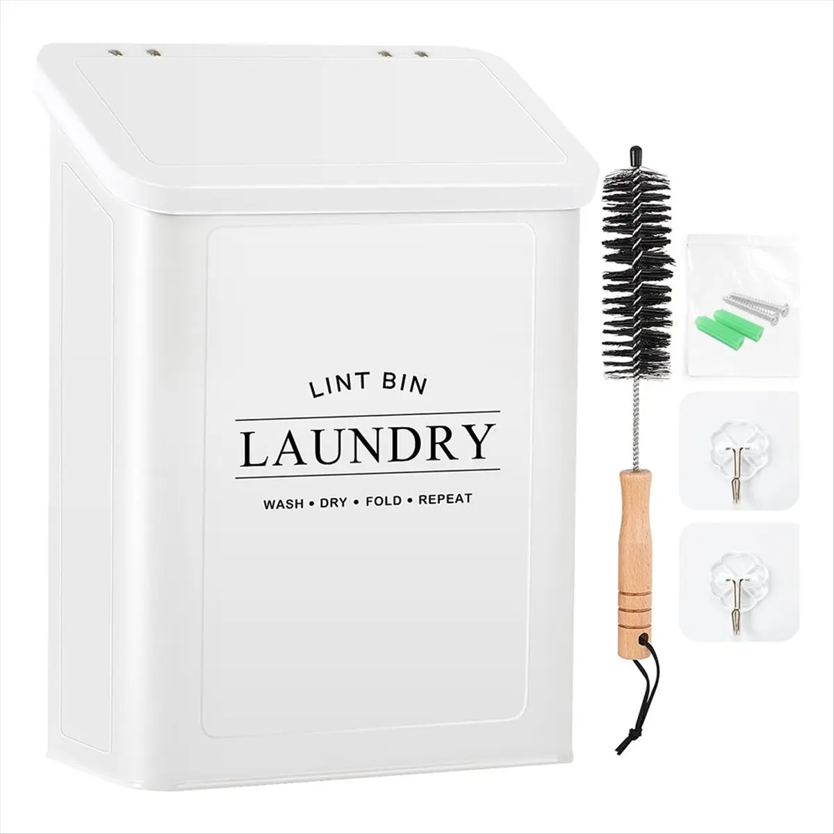 Magnetic Lint Bin for Laundry Room, Metal Lint Container with Lid and Brush, Wall Mounted Lint Box for Dryer White