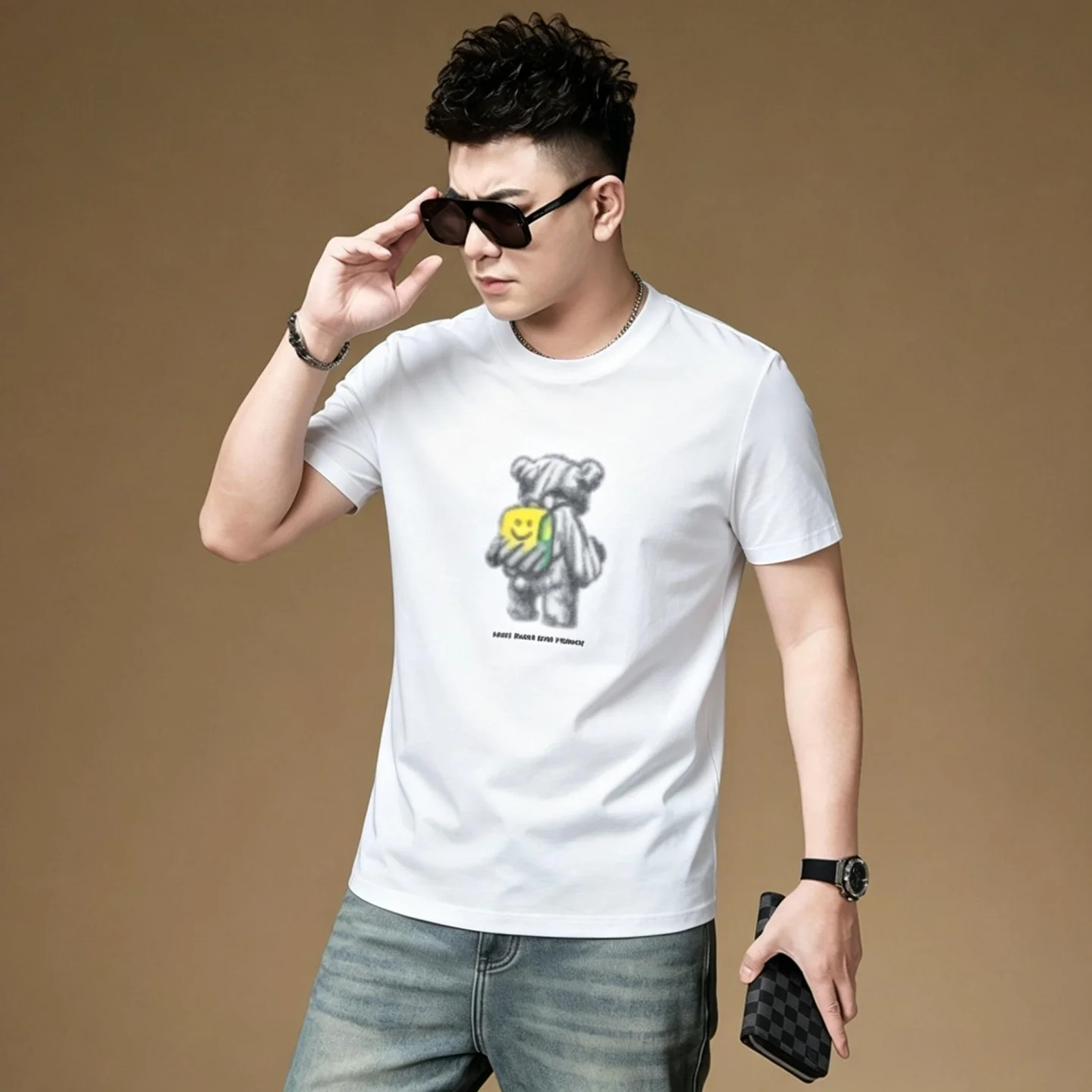 

Summer 2026 Men's Bear Print ort Sve T-irt Casual round Ne f Sve Faionable Versatile Cotton Blend Comfortabl...