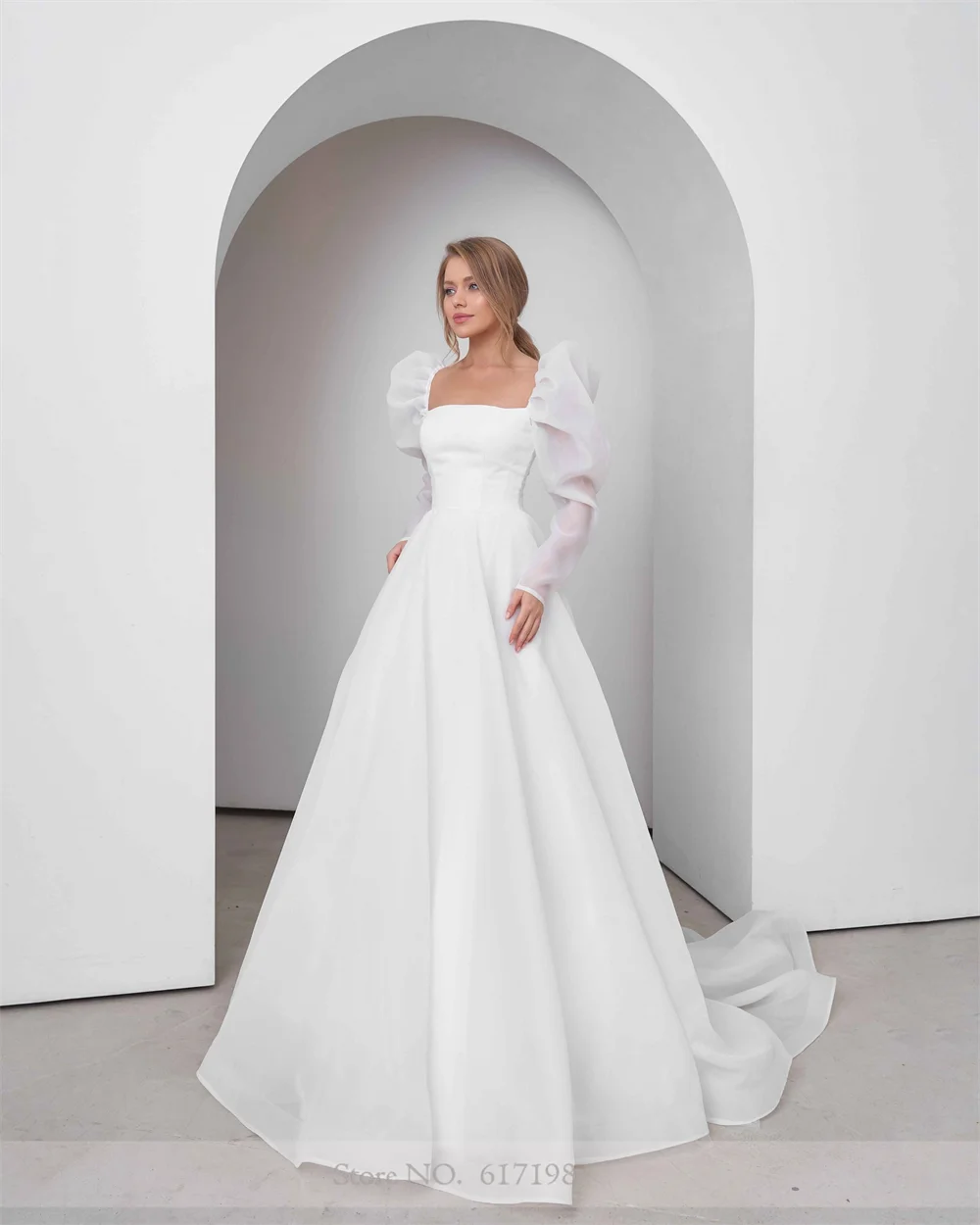 Robe de mariée en mousseline de soie à col carré, robe trapèze classique, manches longues, tout ce qui convient aux patients