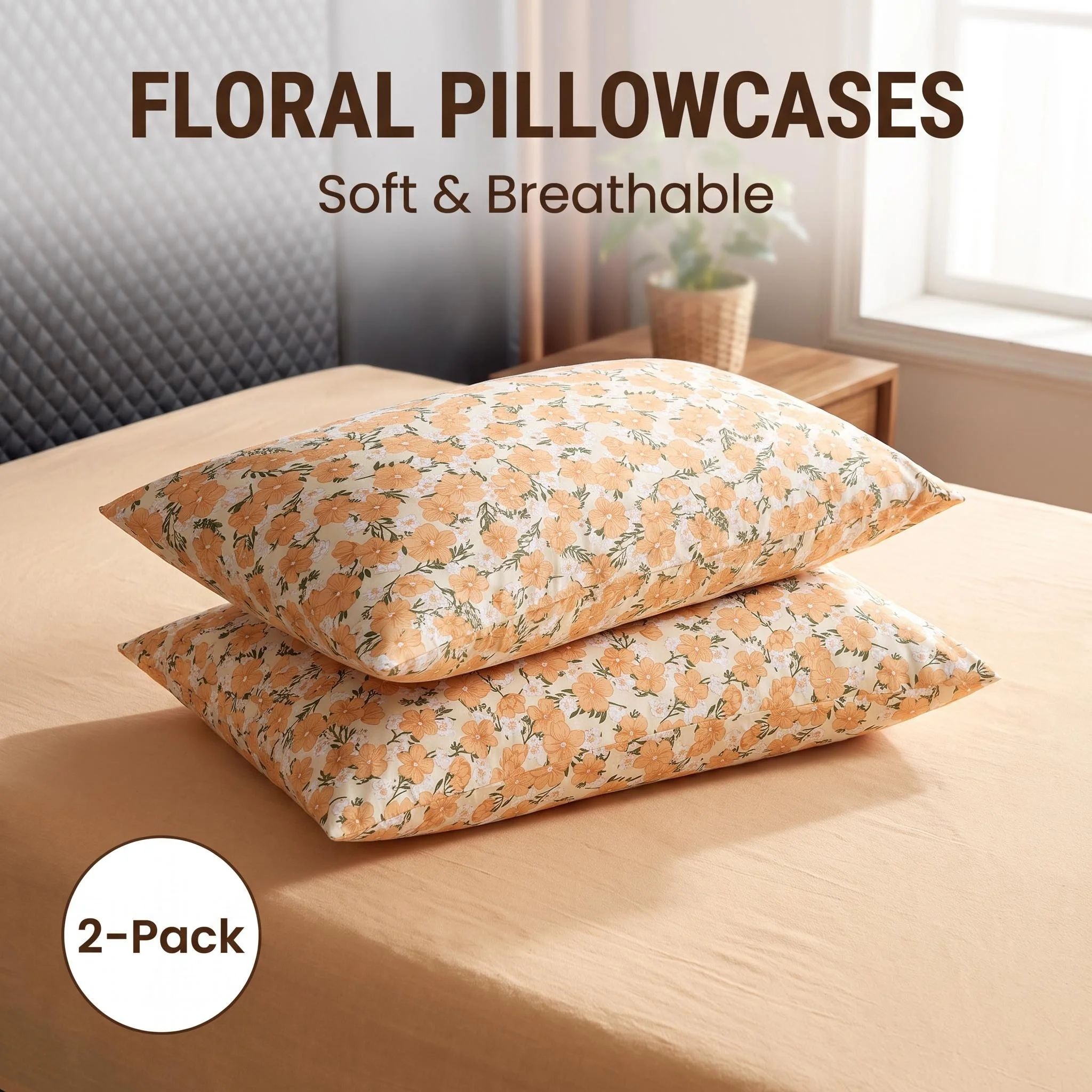 2PC Soft Orange Floral Print Pillowcases Set Machine Washable for Home And Dormitory Fresh Milk Floral Allergy Certified Bedding