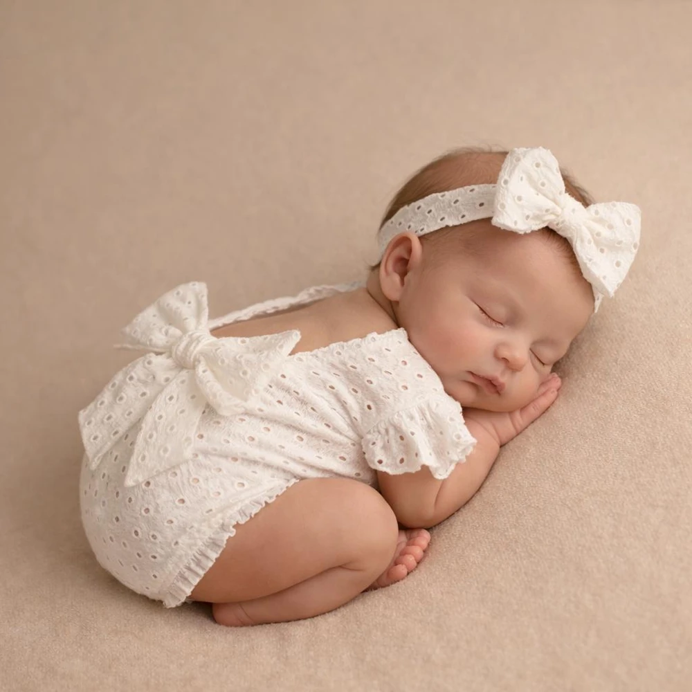 

Newborn Baby Girl Eyelet Ruffled Romper with Back Bow and Matching Headband Infant Photography Outfit Newborn Photo Clothes