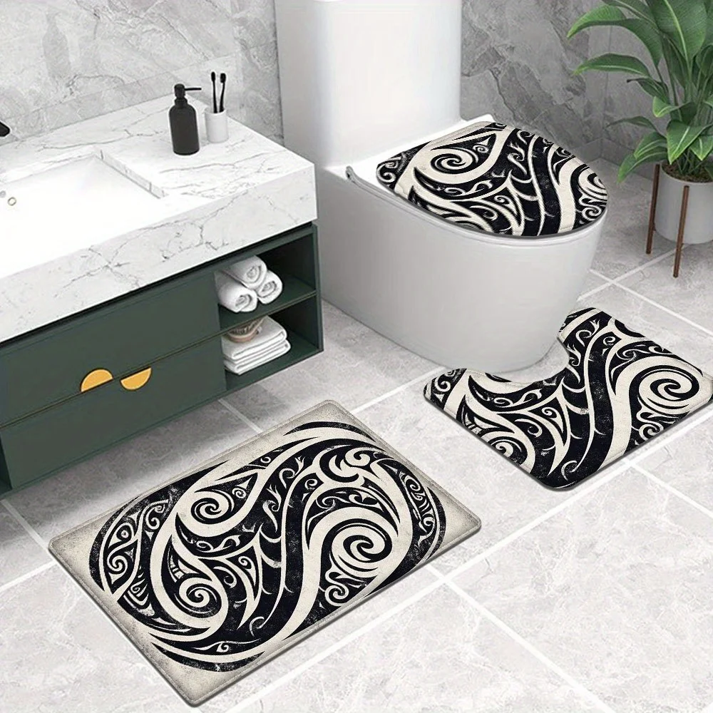 3pcs Flannel Non-Slip Sharkskin Texture Set Including a Floor Mat with Black And White Swirl Design, a Toilet Seat Cover, And a