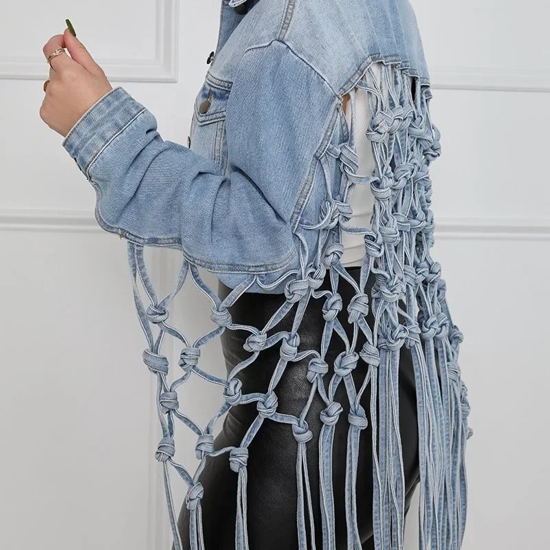 Fashion Back Mesh Tassels Knot Splicing Jackets Women's Lapel Single-breasted Cardigan Denim Coat Female Street Style Outerwear