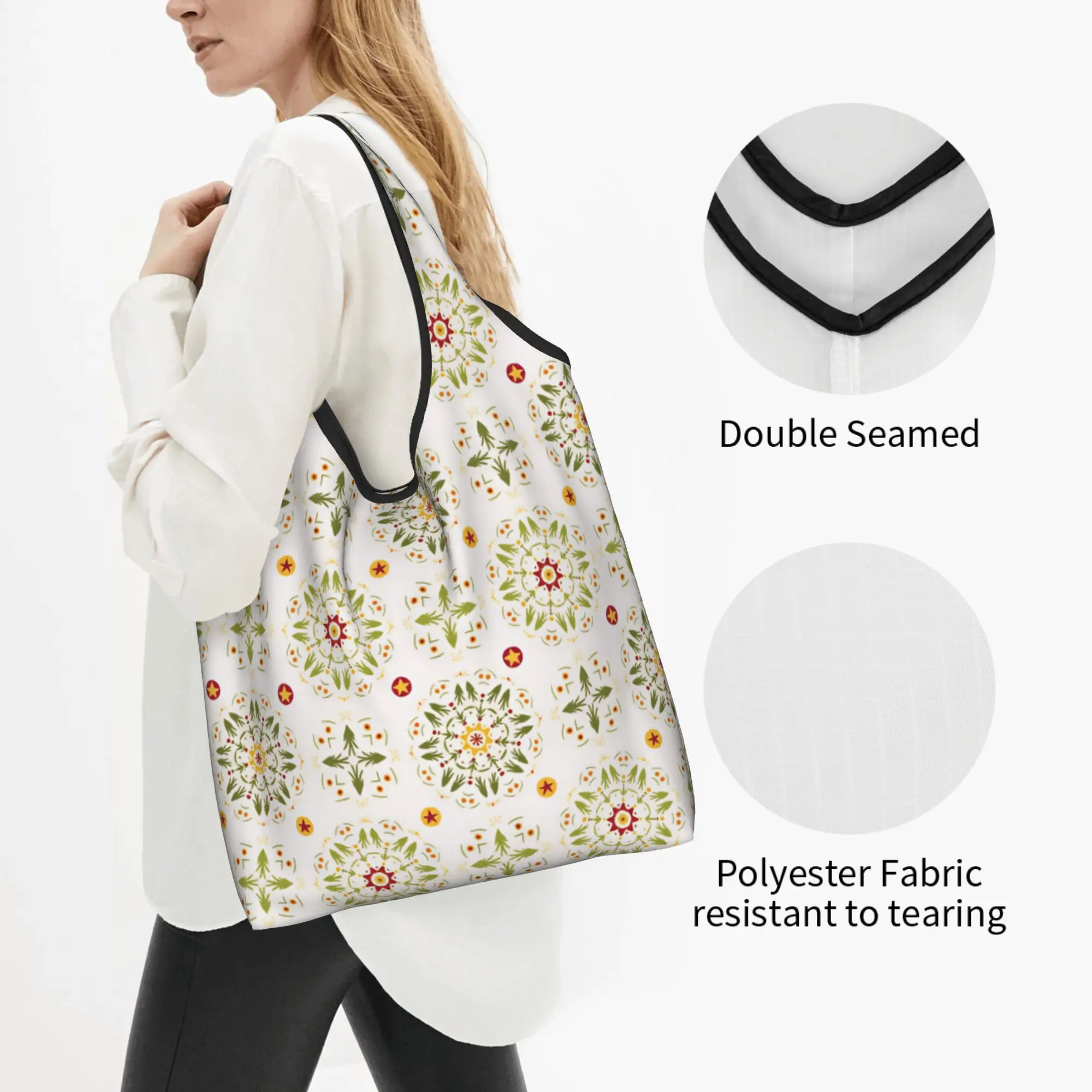 Recycling Nordic Scandinavian Folk Art Shopping Bag Women Tote Bag Portable Mandala Christmas Trees Floral Grocery Shopper Bags
