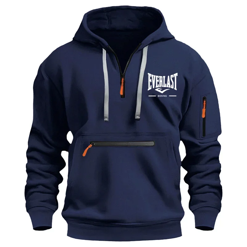 2026 Men Loose Printed Multi Pocket Half Zip Hoodie Autumn Winter Daily Street Casual Fashion Sport Pullover