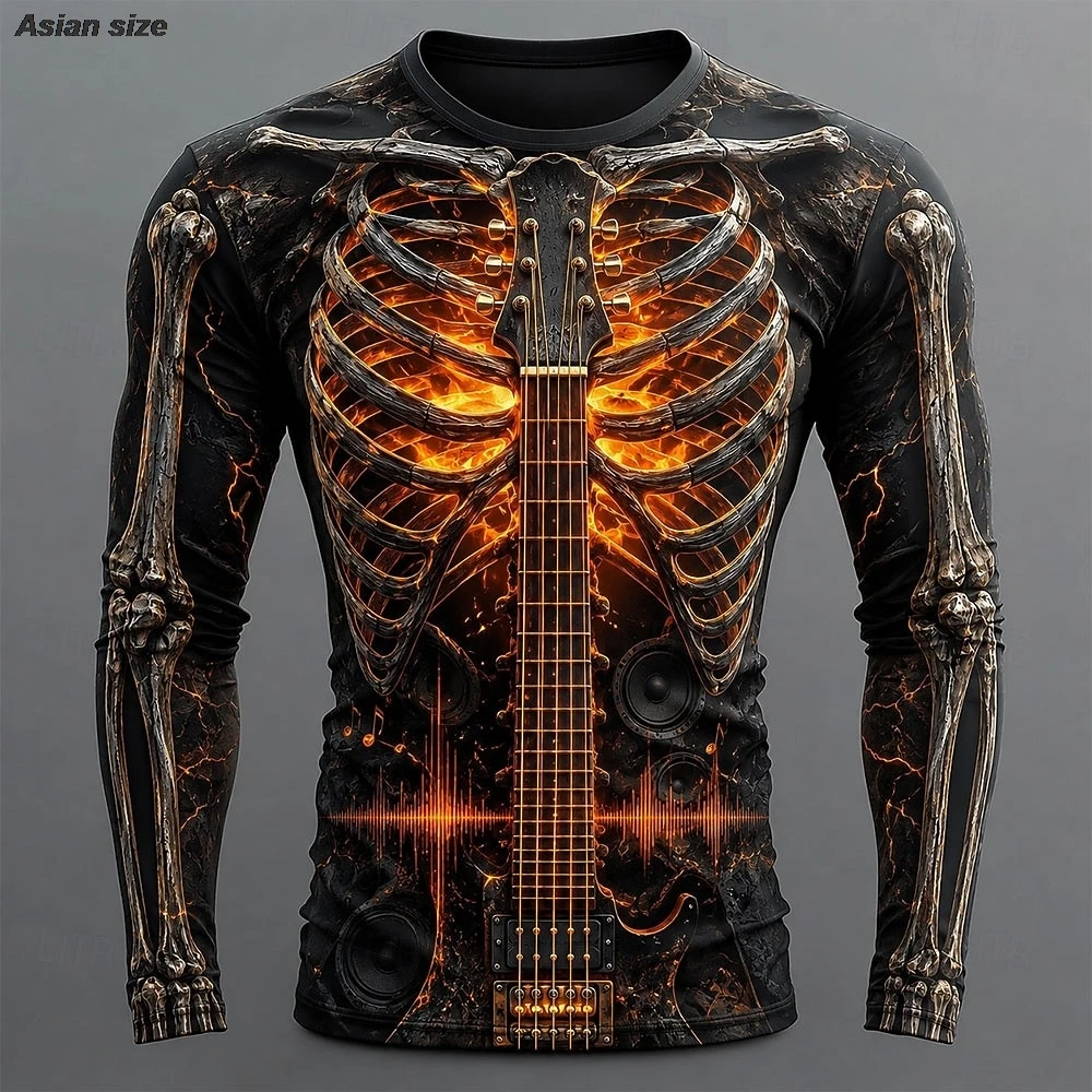 Halloween Men's Skull Skeleton Headset T Shirt Long Sleeve 3D Print Crew Neck Fashion