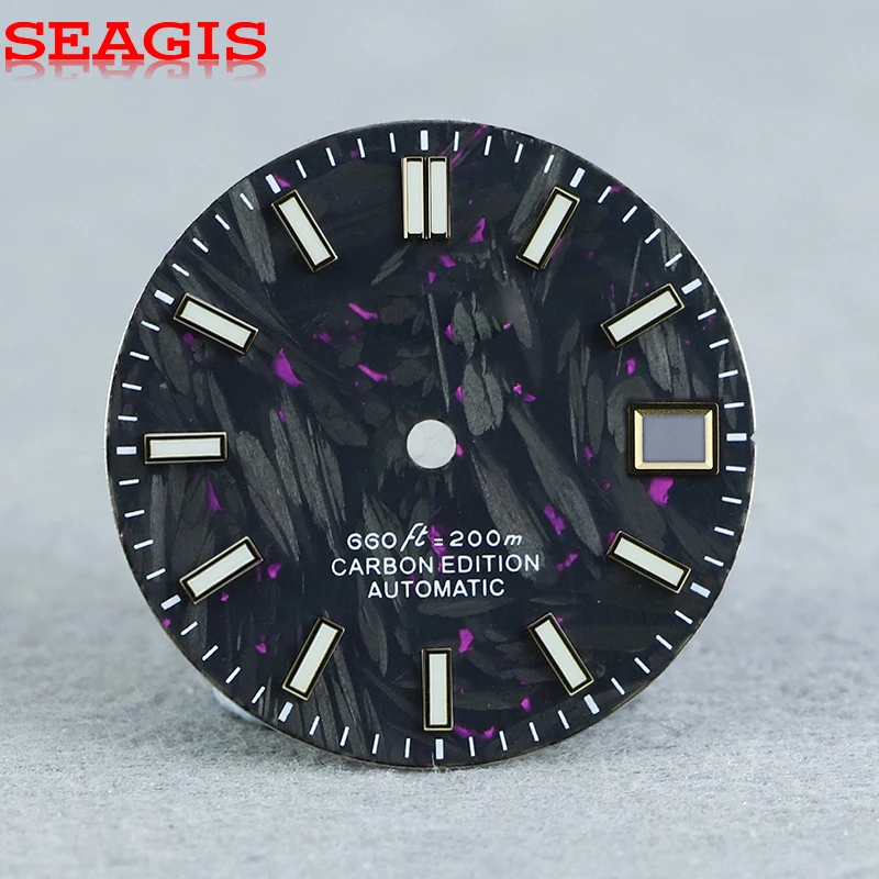 SEAGIS 28.5MM Carbon Fiber Dial Purple Pattern For NH35 Movement BGW9 Lume For GS Mod Watch Face No Logo