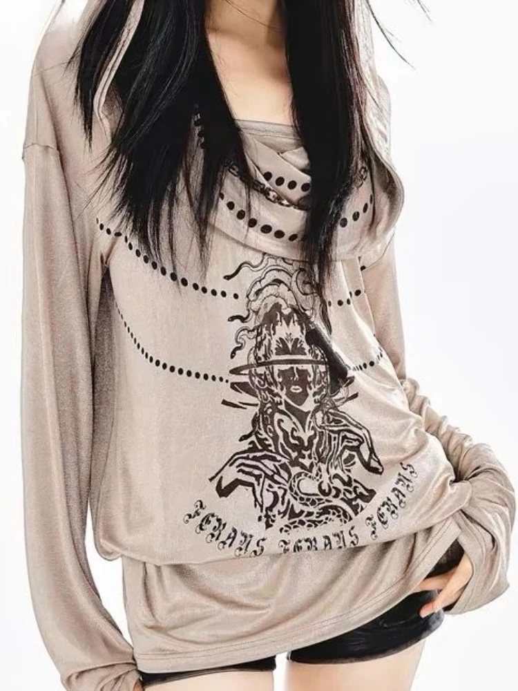 Gothic Vintage Print Loose Hooded T Shirt Women Harajuku Vintage Casual T-shirt Y2k Aesthetic Loose Grunge Spring Fairy Tees