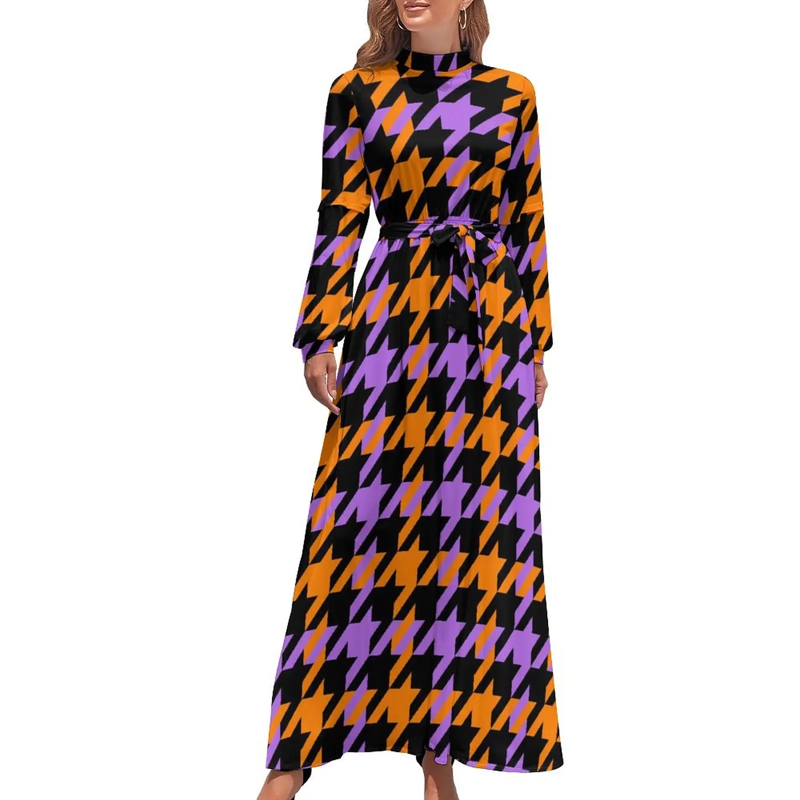 

Houndstooth Check Dress Long Sleeve Classic Dog Tooth Sexy Maxi Dress High Waist Street Wear Boho Beach Long Dresses Gift Idea