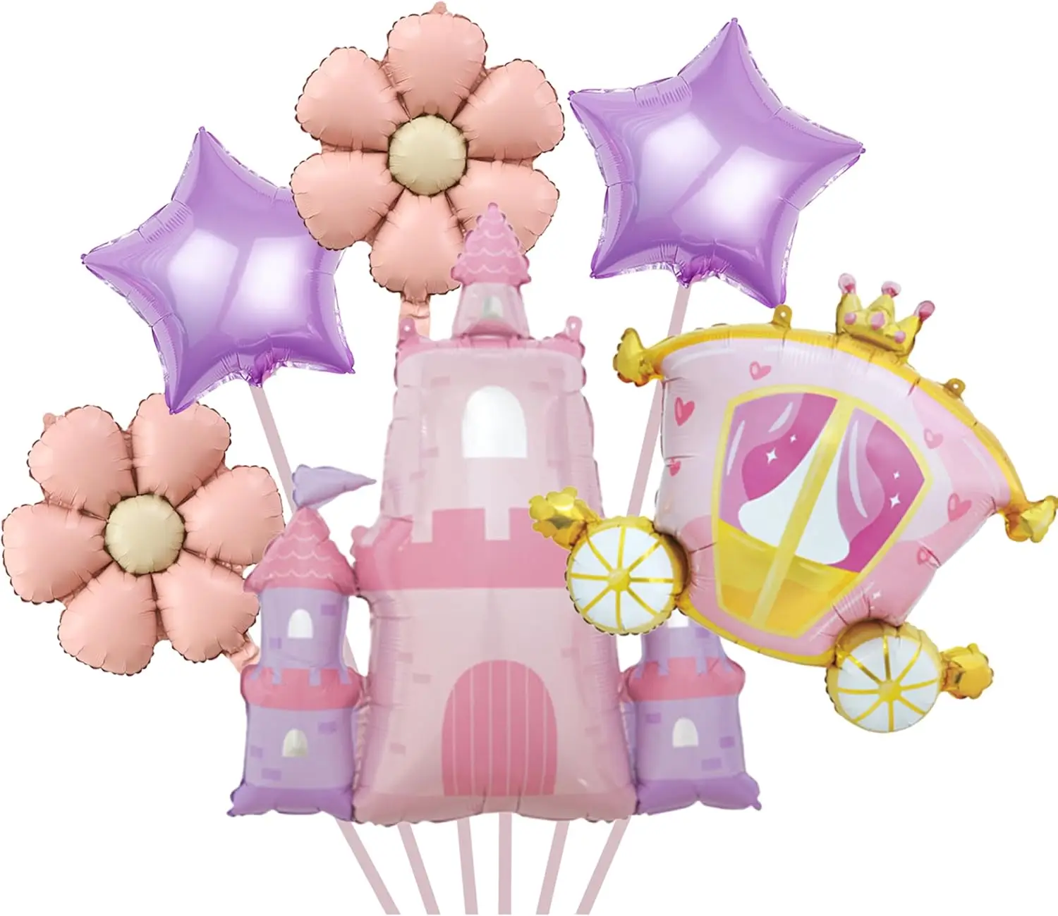 Set de 6 Globos de Mylar con Diseño de Castillo y Carruaje de Princesa con Margaritas, Ideal para Decoraciones de Baby Shower y Cumpleaños
