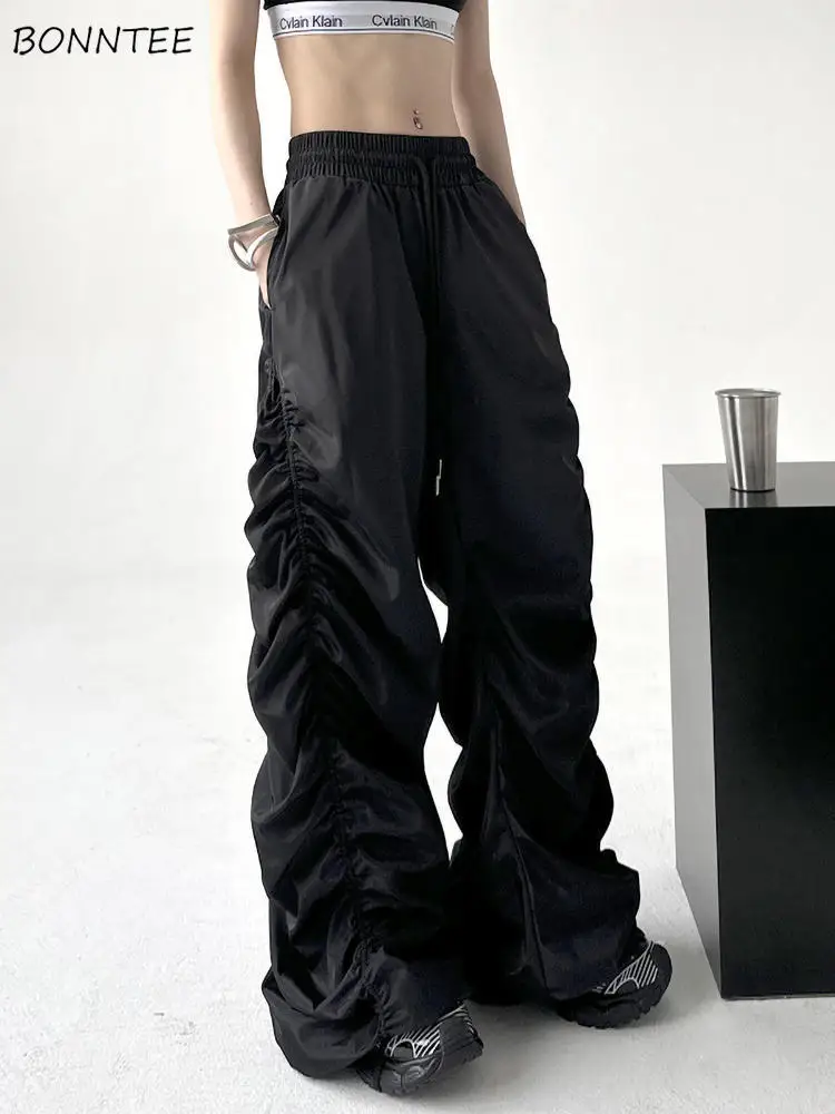 Black Baggy Pants Women Shirring Pockets High-waist Casual Trousers Streetwear Cargo Spring Comfortable Vintage Harajuku Fashion