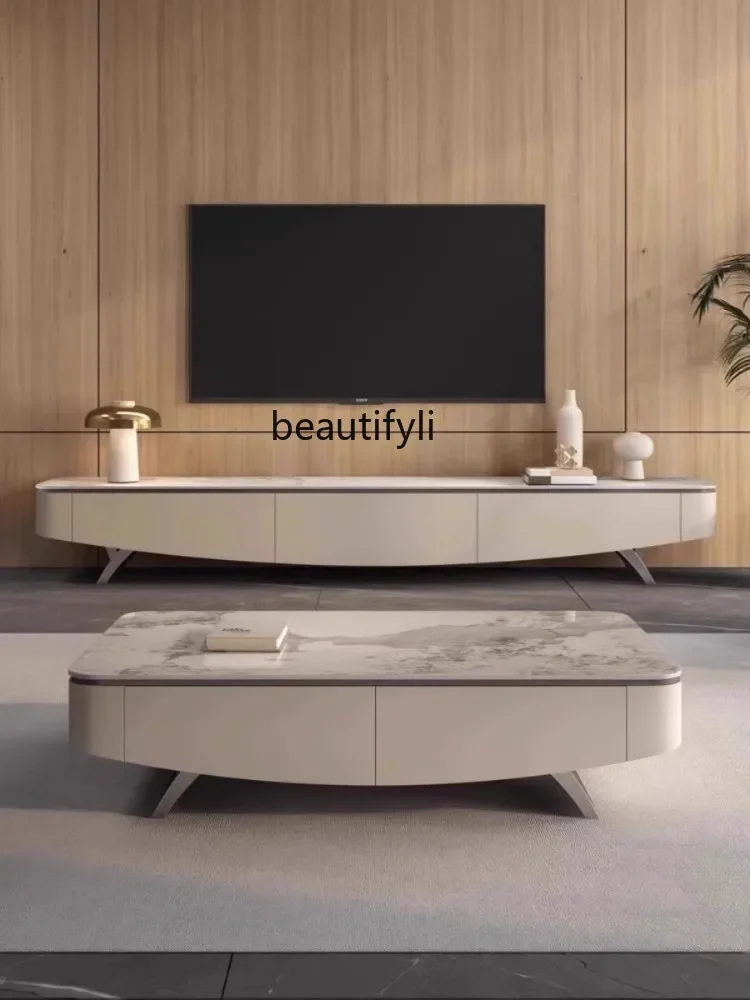 

A07 TV Cabinet and Tea Table Combination Modern Light Luxury Simple Small Apartment Living Room Stone Plate Solid Wood TV Stand