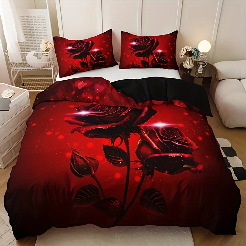 

Duvet Cover Set Red Rose Print Includes 1 Duvet Cover 2 Pillowcases Breathable Machine Washable Perfect for All Seasons