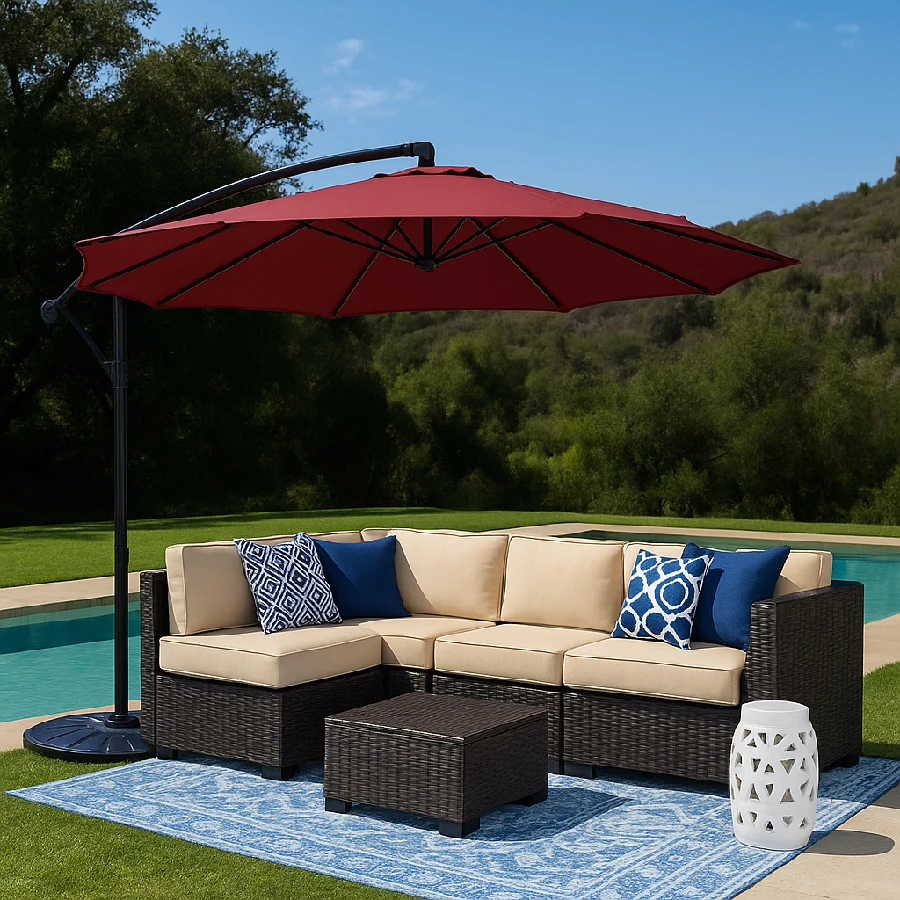 Patio Roman Umbrella With Wooden Finish 360 Rotation And LED Light For Beach Resort And Event Use