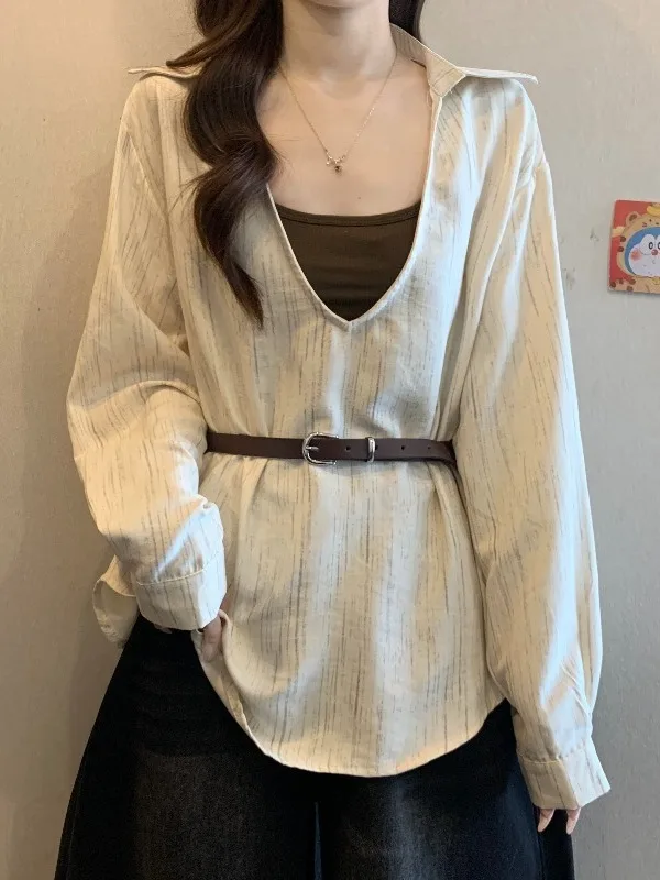 

Ele Striped V-Ne Long Sve irt Women's plus Size Spring Early Season Casual Sle Loose Fit Breathable Polyester